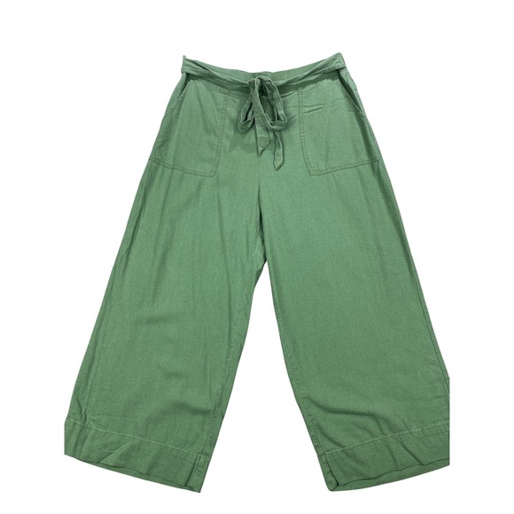 Kensie Jeans Women's Size Large Green Wide Leg Cropped Pants Linen Tie Boho - Picture 1 of 10